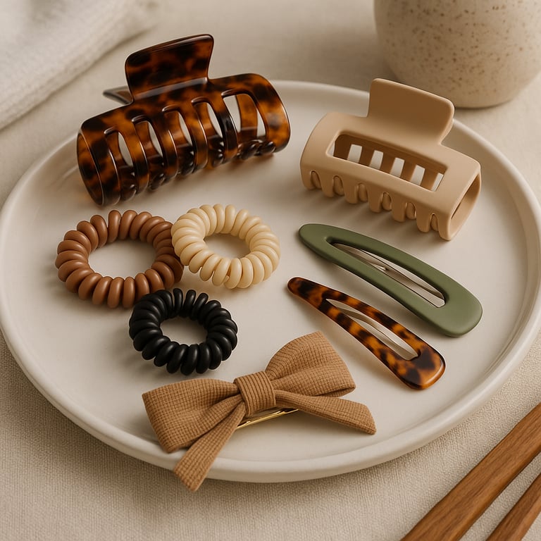 Professional hair accessories wholesale supplier display featuring silk scrunchies, pearl hair clips, velvet headbands, and decorative barrettes on a minimalist boutique shelf.