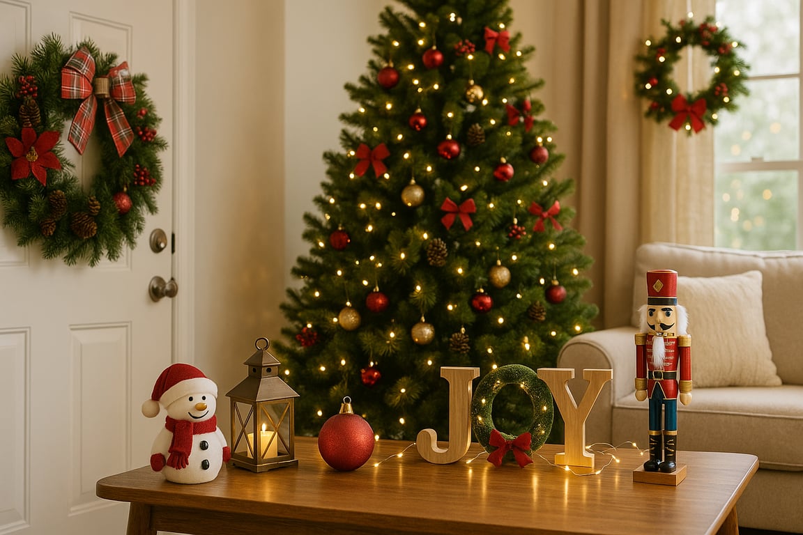 Vibrant Christmas decorations, including ornaments, string lights, and festive figurines, arranged on a mantelpiece, showcasing a cozy holiday atmosphere.