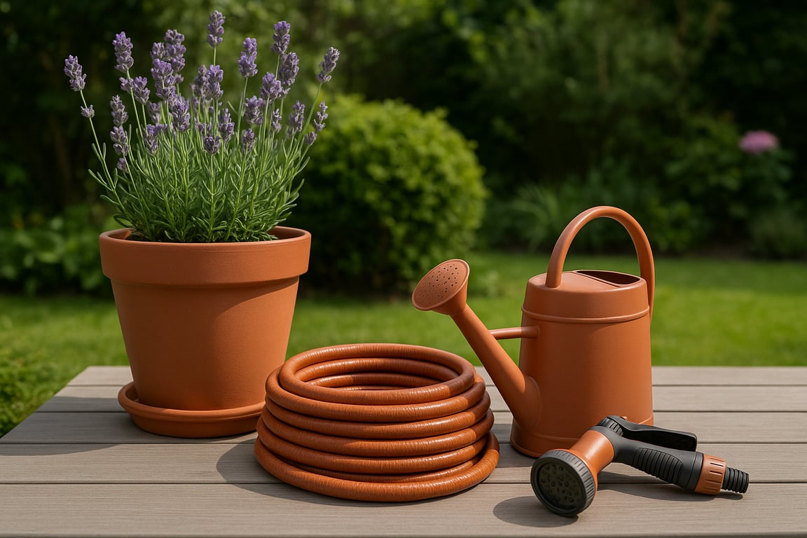 Garden accessories wholesale collection featuring ceramic planters, ergonomic hand trowels, watering cans, gardening gloves, and decorative outdoor ornaments arranged in a professional garden display.