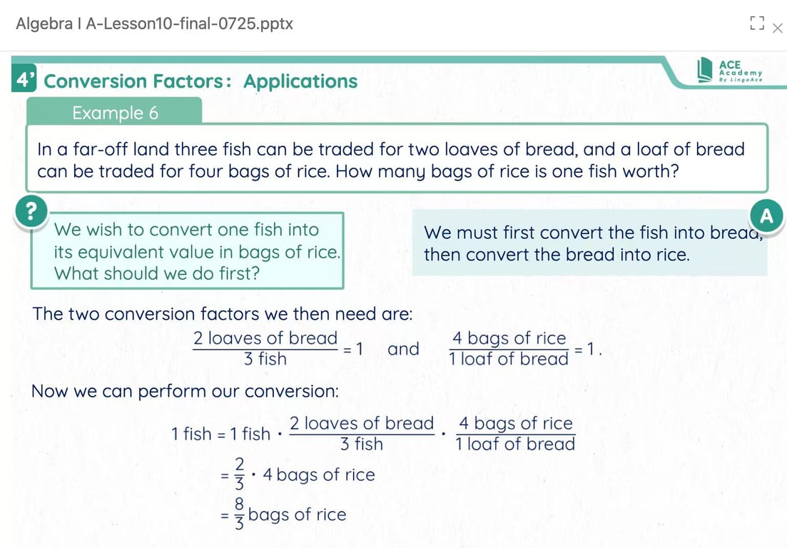 ACE Academy conversion factor example using fish, bread, and rice