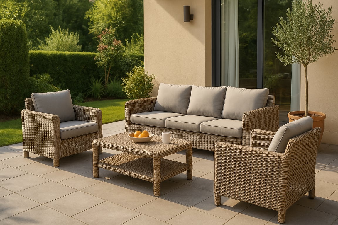 Professional outdoor furniture supplier showcasing premium rattan patio sets, garden umbrellas, and outdoor dining furniture in a modern showroom environment.