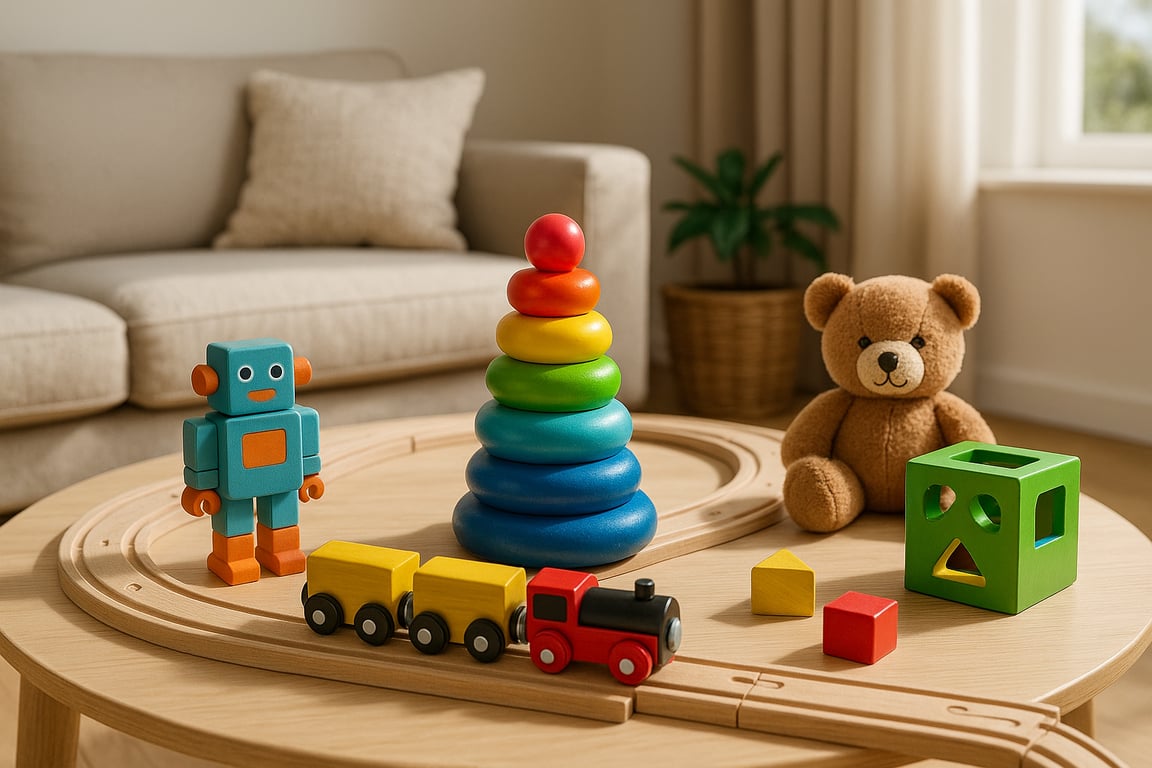 B2B toy supplier warehouse featuring a wide variety of educational toys, plush animals, building blocks, and wooden play sets ready for global distribution.