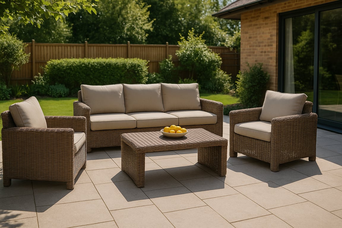 Bulk outdoor furniture supplier showcasing a modern patio dining set with chairs, table, and umbrella in a garden setting, emphasizing comfort and durability.