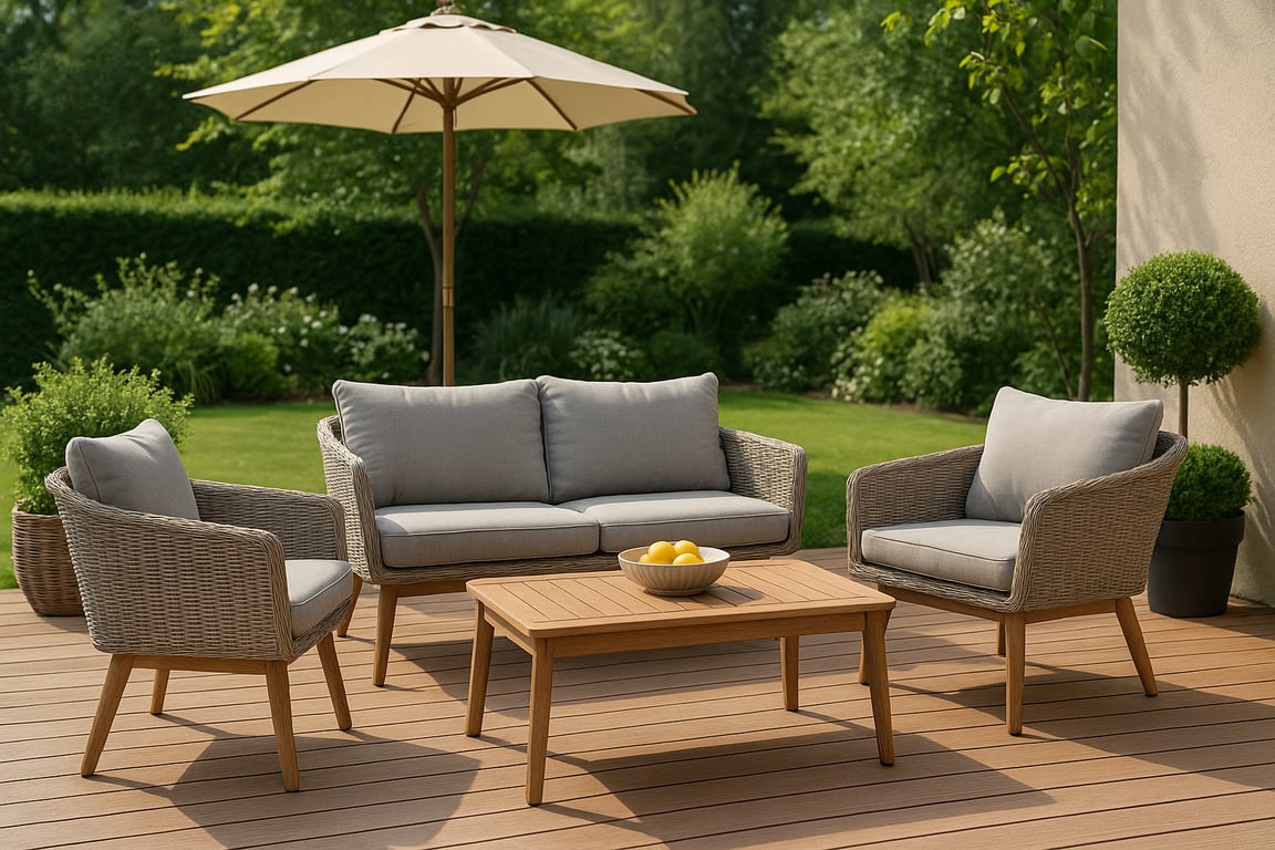 Outdoor furniture sourcing expert inspecting a modern patio lounge set with weather-resistant cushions and a sleek coffee table.