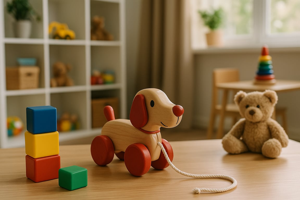 A child happily playing with a colorful assortment of educational building blocks on a bright rug, demonstrating the joy and quality of sourced toy products.