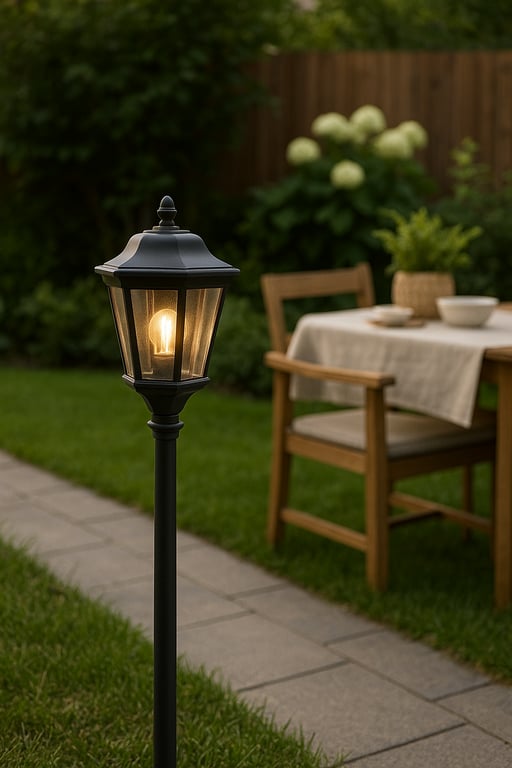 Wholesale outdoor lighting supplier displaying a range of solar-powered garden lights, security floodlights, wall sconces, and smart outdoor lighting solutions in a warehouse setting.