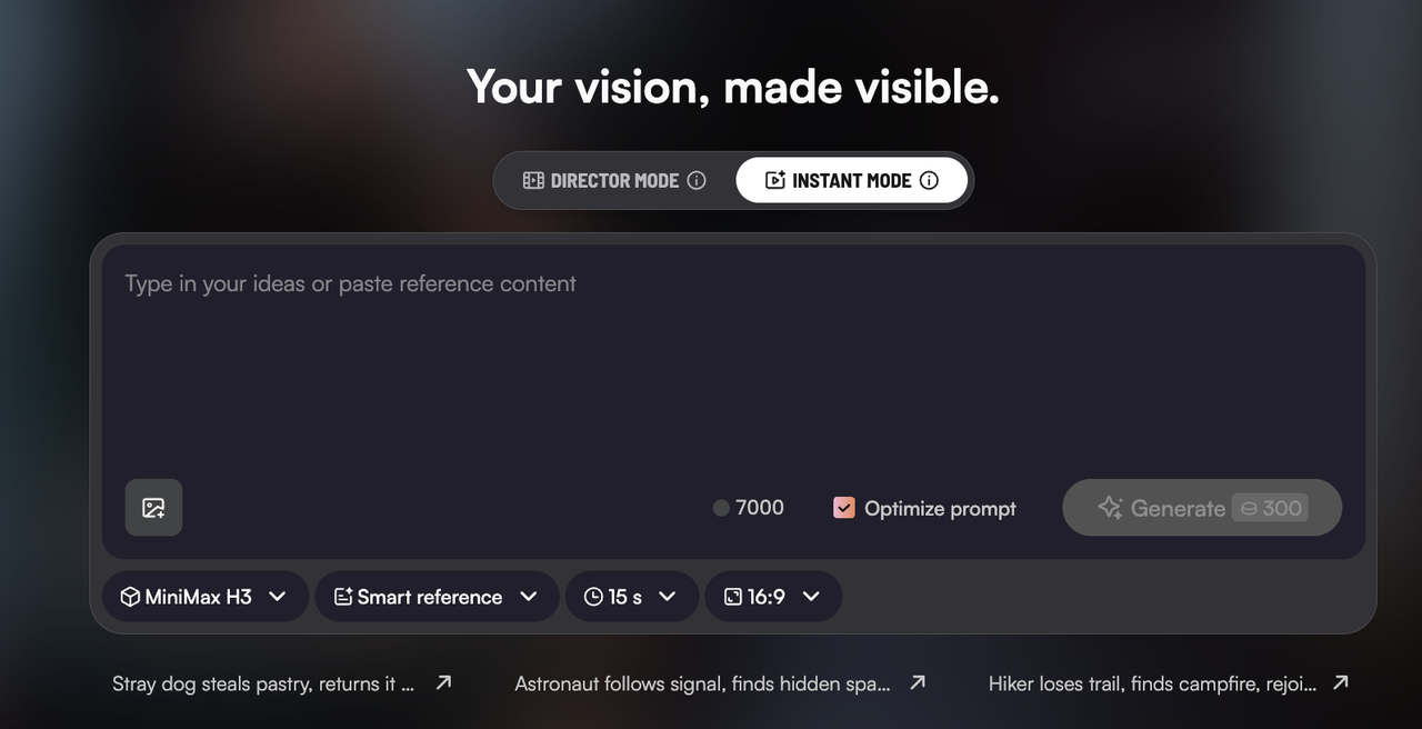 Instant Mode video generation interface with prompt and format controls