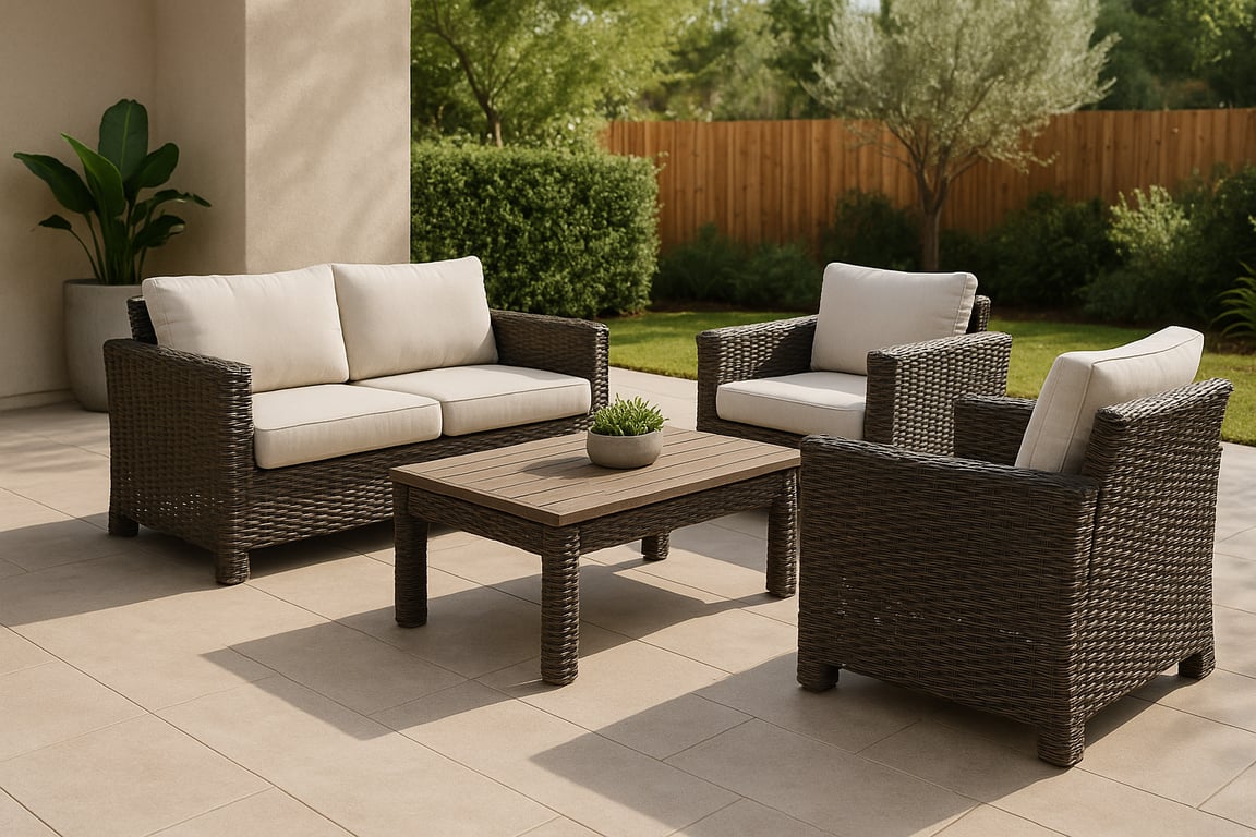 Custom outdoor furniture set featuring a modern sectional sofa with weather-resistant cushions, a sleek coffee table, and stylish patio decor in a luxury backyard setting.
