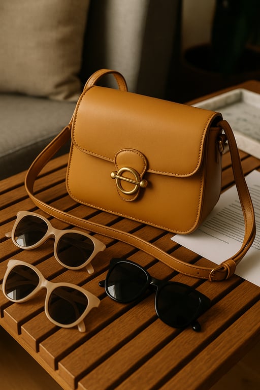 A diverse collection of fashion accessories including leather belts, knit beanies, fashion jewelry, and tote bags being inspected for quality control in a modern warehouse.