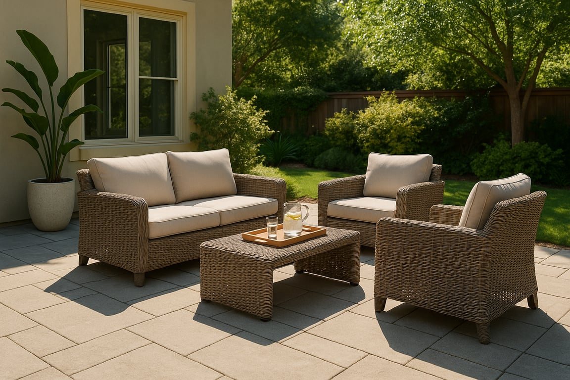 Private label outdoor furniture supplier displaying a contemporary outdoor dining set with a large table and chairs on a paved patio, surrounded by lush greenery, highlighting durability and aesthetic appeal.