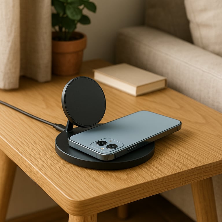 Assortment of wireless charging pads, stands, and multi-device chargers for various smartphones and wearables, highlighting diverse designs and functionalities.