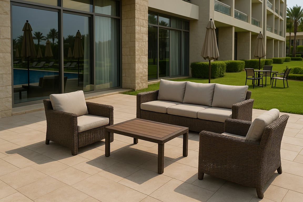 Hotel outdoor furniture supplier showcasing a modern patio set with comfortable seating, coffee table, and lush greenery in a resort-style setting, emphasizing commercial-grade design and durability.