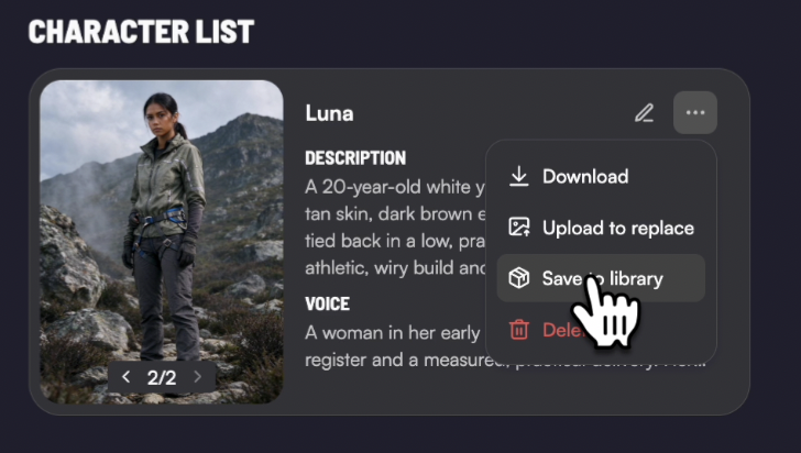 Character selection interface for reusing a saved story character