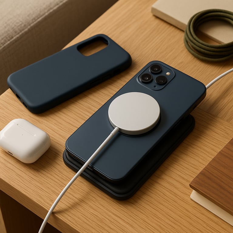 Custom mobile accessories manufacturing showcasing various phone cases, wireless chargers, earbuds, and screen protectors arranged on a modern desk with a smartphone.