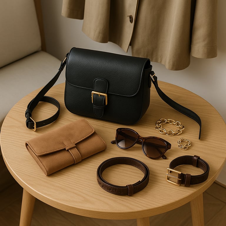 Wholesale clothing accessories supplier showcasing a diverse collection of fashion items including scarves, belts, hats, jewelry, handbags, and sunglasses arranged stylishly for a fashion brand.