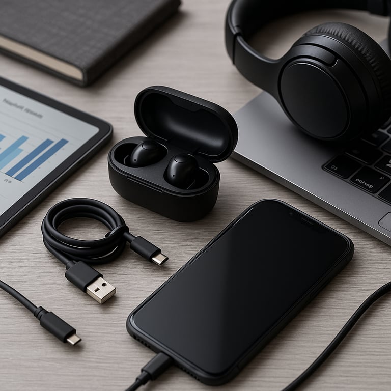 B2B electronics accessories supplier displaying a variety of charging solutions, including multi-port USB chargers, power adapters, wireless charging pads, and various data cables in a clean, organized setting.
