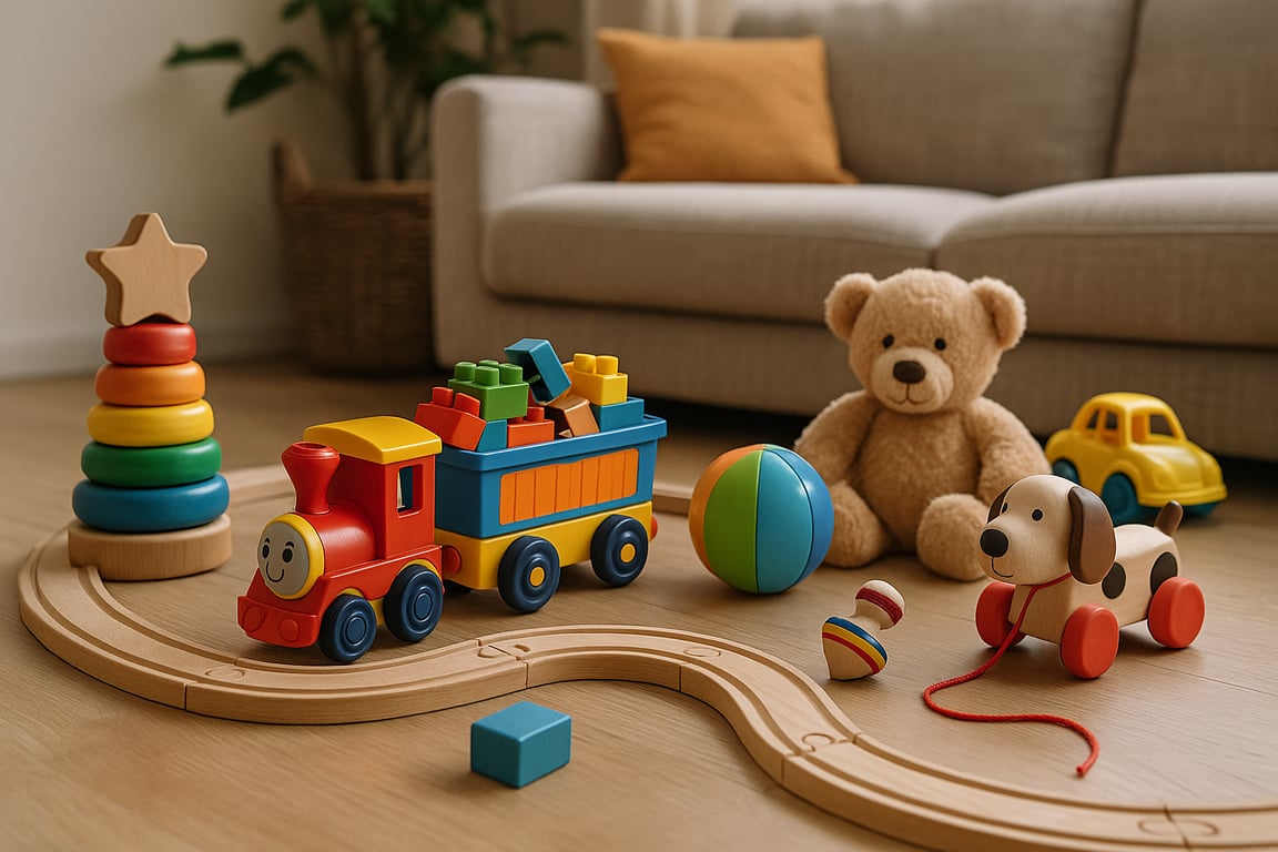 Professional B2B toy supplier showroom displaying colorful building sets, remote-controlled cars, STEM learning kits, and eco-friendly wooden toys for international buyers.