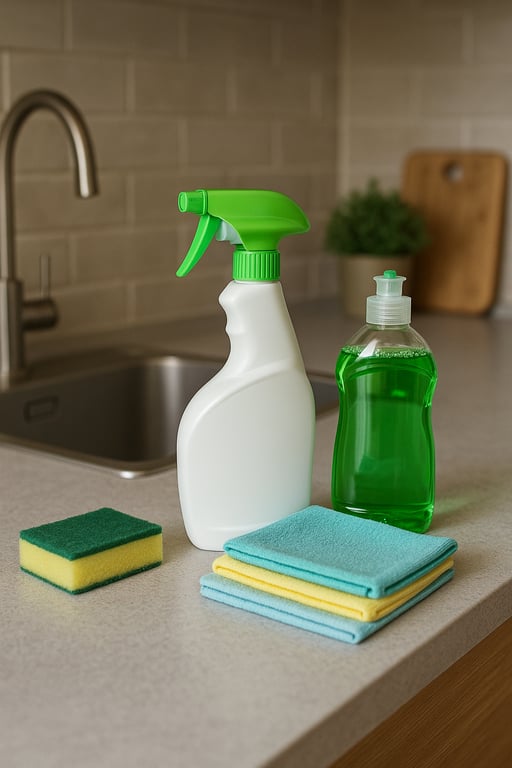 Wholesale household cleaning supplies including microfiber cloths, spray bottles, scrub brushes, and eco-friendly cleaning tools organized for professional use.