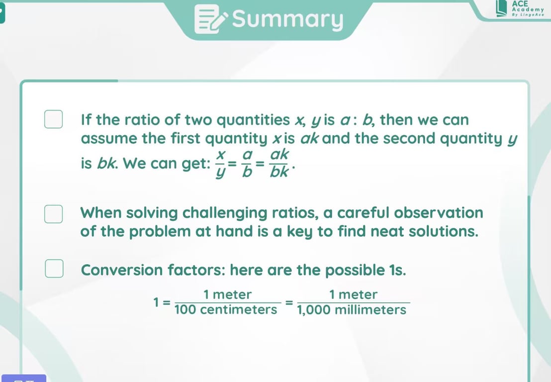 Algebra ratios and conversion factors lesson summary