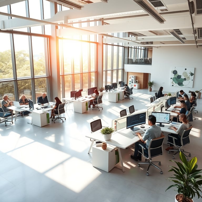 modern open plan office with employees working at office workstations. Image height is 500 and width is 1600