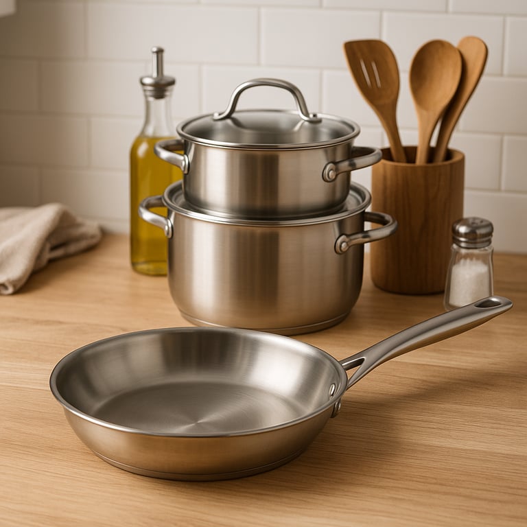 OEM kitchenware manufacturing setup showing design blueprints, material samples, and custom prototypes for cookware and utensils in a professional workspace.
