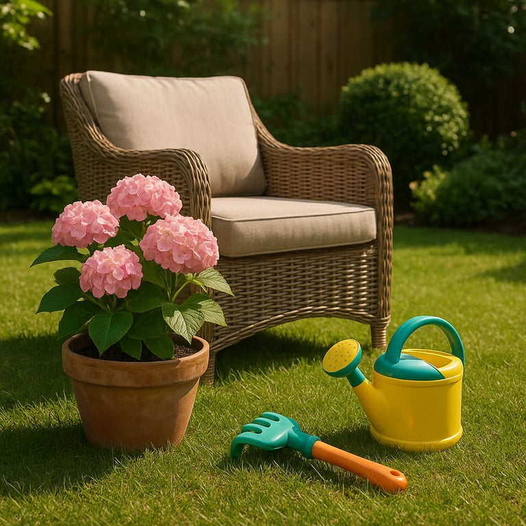 Wholesale garden supplies including watering cans, durable garden gloves, solar-powered garden lights, and decorative resin statues in a bright outdoor garden setting.