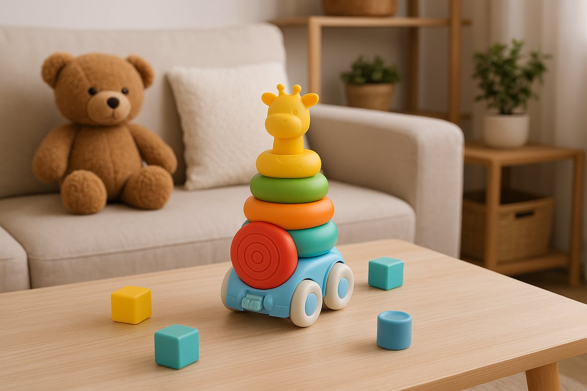 A diverse collection of colorful toys, including plush animals, building blocks, action figures, and educational games, arranged neatly on a bright background, showcasing variety for wholesale toy manufacturing.