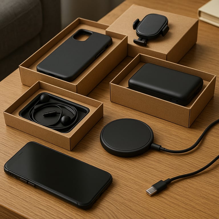 A collection of wholesale mobile accessories including protective phone covers, power banks, car mounts, and high-speed charging adapters.