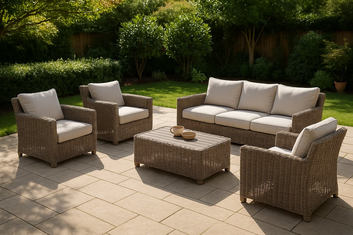 Bulk outdoor furniture supplier displaying a stylish outdoor lounge set with cushions, coffee table, and decorative plants on a modern patio, highlighting design and comfort.