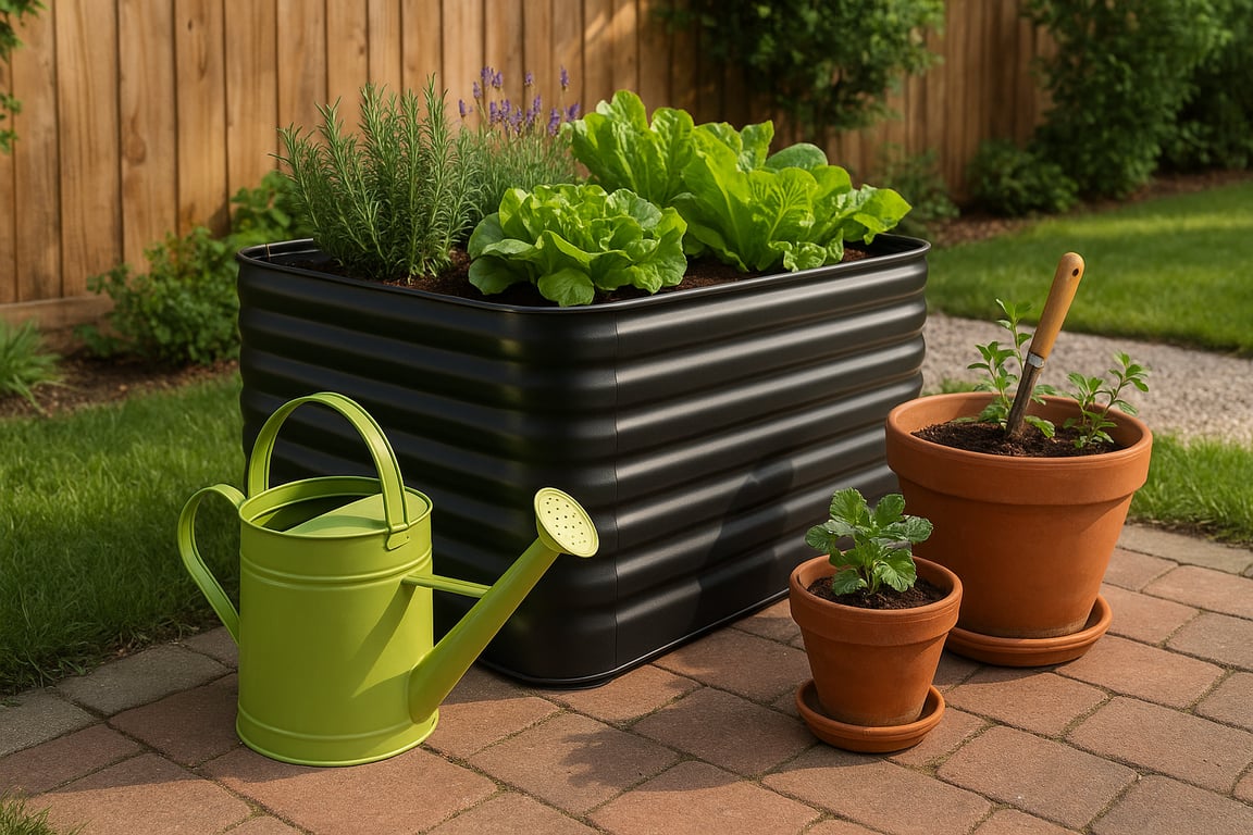 Wholesale garden products supplier displaying various gardening hand tools, watering cans, seed packets, and small potted plants on a rustic wooden table.