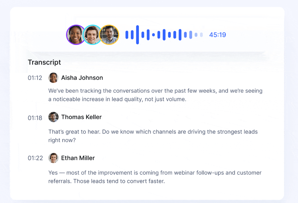 Searchable meeting transcript with speaker labels and timestamps