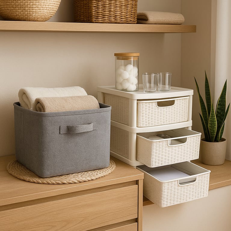 Professional household storage products manufacturer showcasing plastic bins, fabric organizers, wooden shelving, and closet storage solutions in a modern home setting.