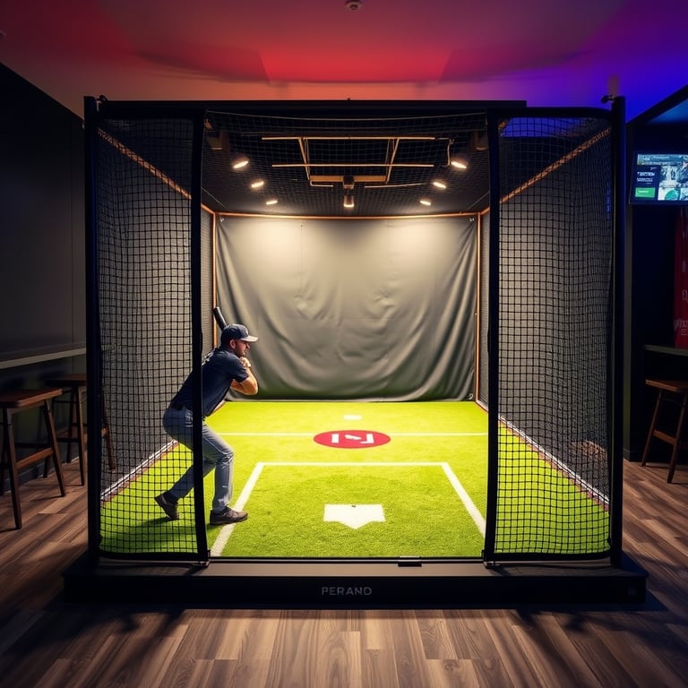 máquina de lanzamiento de béisbol simulada para interiores, jaula de bateo, entretenimiento para club nocturno. La altura de la imagen es 600 y el ancho es 800
