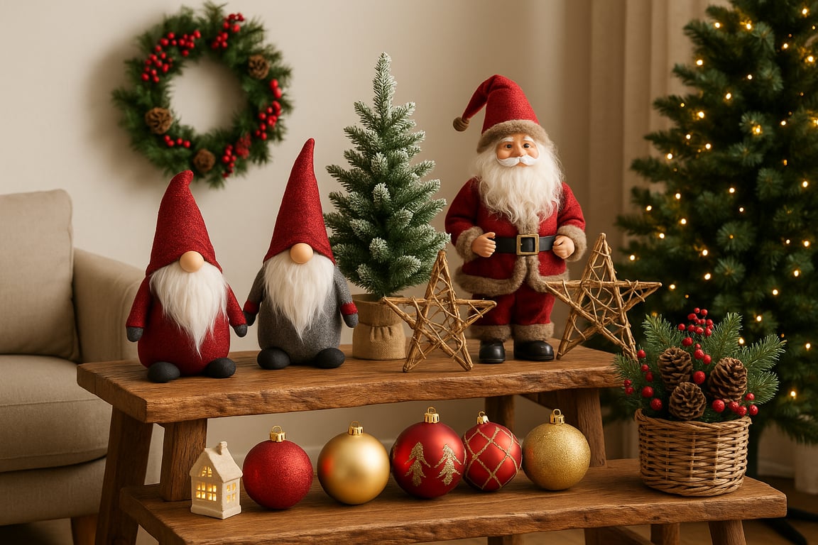 Wholesale holiday decorations supplier showcasing a festive display of Christmas ornaments, string lights, garlands, and seasonal home decor items arranged for a cozy holiday atmosphere.
