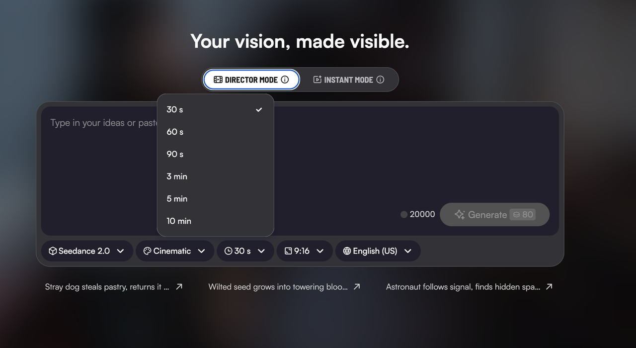 Director Mode generation interface with reference image and clip options
