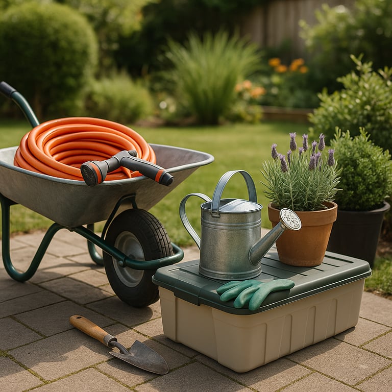 Wholesale garden products supplier showcasing various gardening tools, planters, outdoor decor, and irrigation supplies arranged in a vibrant garden setting.