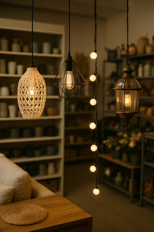 Decorative lights wholesale collection featuring LED fairy lights, solar garden lanterns, festive string lights, and modern ambient lighting displayed in a professional showroom.
