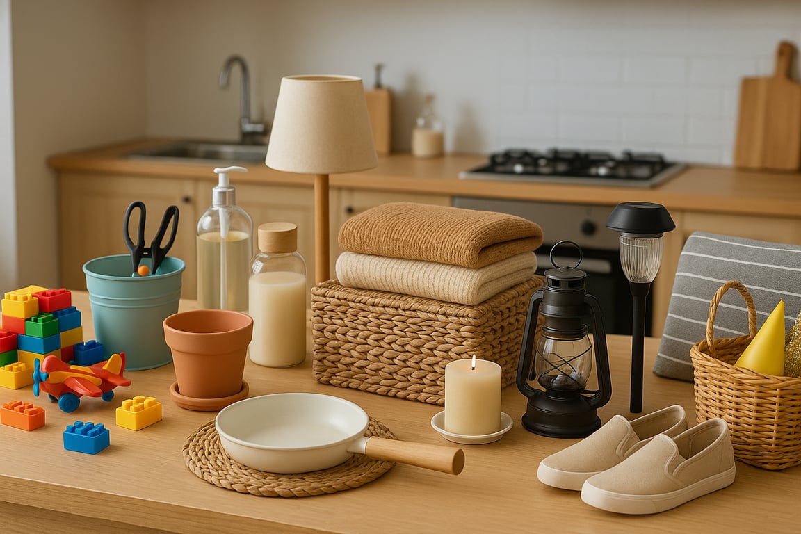 A diverse collection of wholesale household goods including home organization bins, cleaning supplies, decorative accents, and modern living room essentials displayed in a bright showroom.