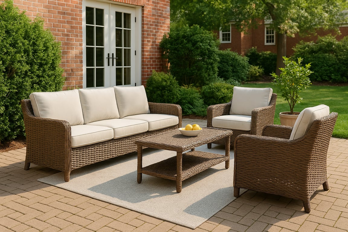 Wholesale patio furniture supplier showcasing a modern outdoor dining set with chairs, table, and umbrella on a deck, surrounded by lush greenery, emphasizing comfort and style.
