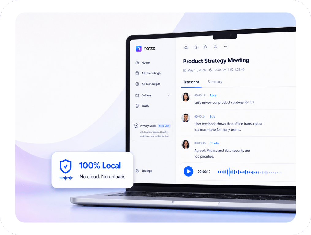 Notta Desktop Privacy Mode displaying a locally processed meeting transcript