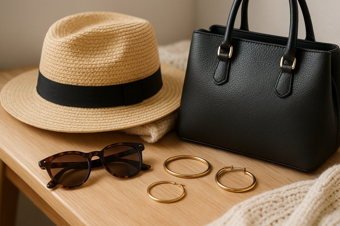 Private label clothing accessories supplier showcasing a curated collection of scarves, hats, bags, and jewelry on a display, emphasizing custom branding and quality materials.