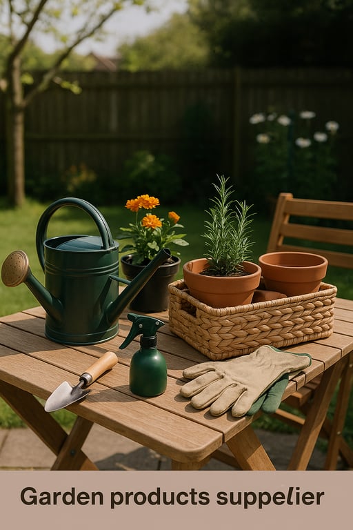 Wholesale garden products supplier displaying a diverse range of outdoor decor, planters, small garden furniture, and irrigation supplies in a well-organized retail display.