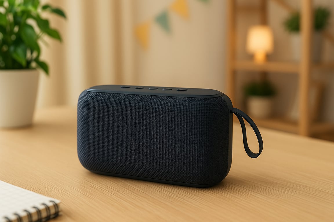 A modern Bluetooth speaker in a minimalist design, showcasing sleek lines and premium finish, placed on a wooden surface with soft ambient lighting.