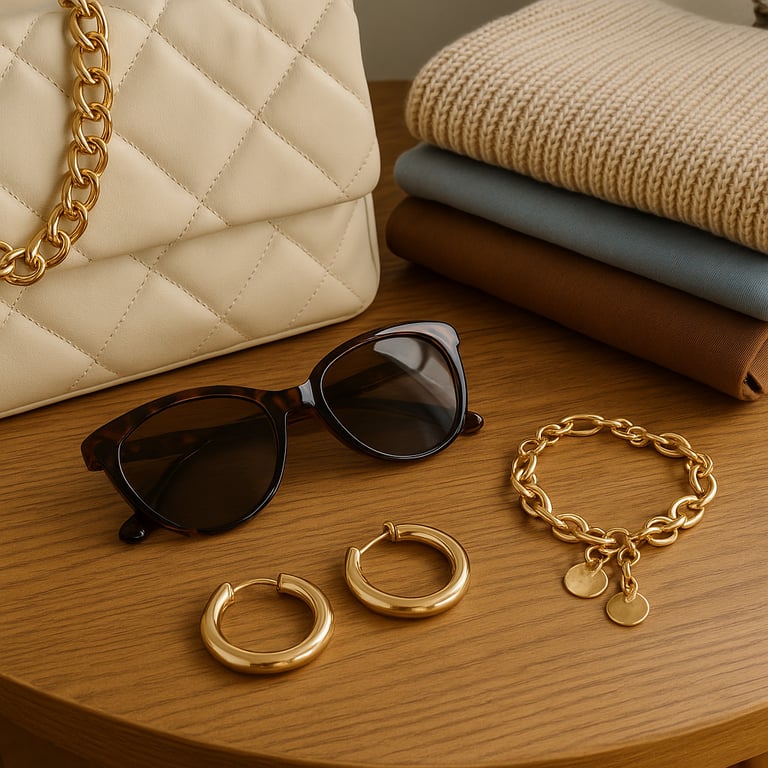A collection of wholesale fashion accessories including leather belts, winter beanies, silk scarves, and trendy sunglasses on a minimalist display.