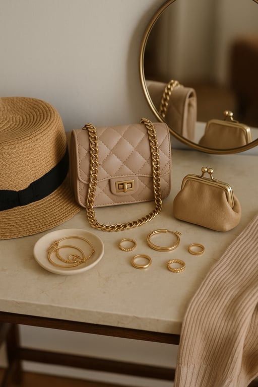 A vibrant display of fashion accessories including necklaces, earrings, bracelets, rings, scarves, and handbags, showcasing a variety of styles and materials suitable for low MOQ sourcing.