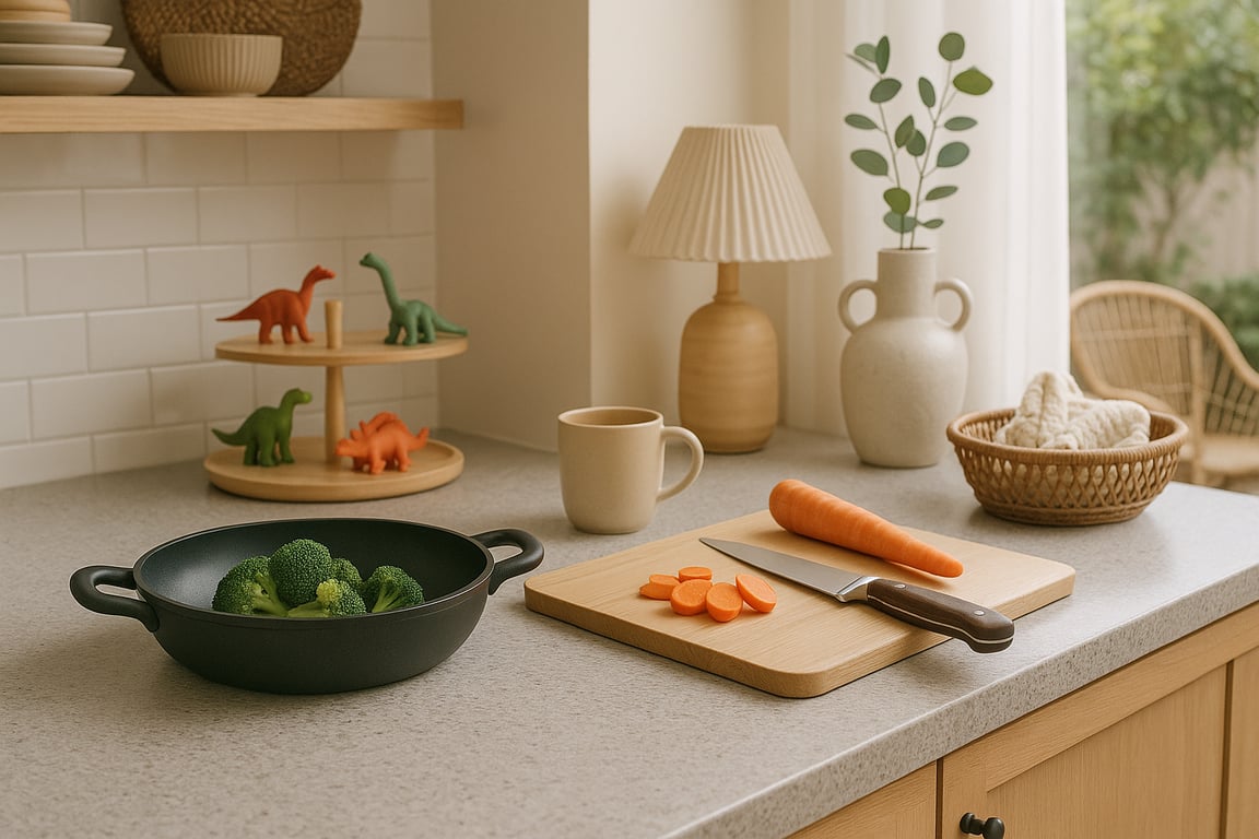 Assortment of modern household products including cleaning supplies, storage bins, home decor items, and small appliances, neatly arranged on shelves in a bright, organized home setting, showcasing a China manufacturer's diverse offerings.