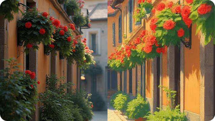 Scène de rue latino chaleureuse avec plantes suspendues et fleurs représentant la culture urbaine latino
