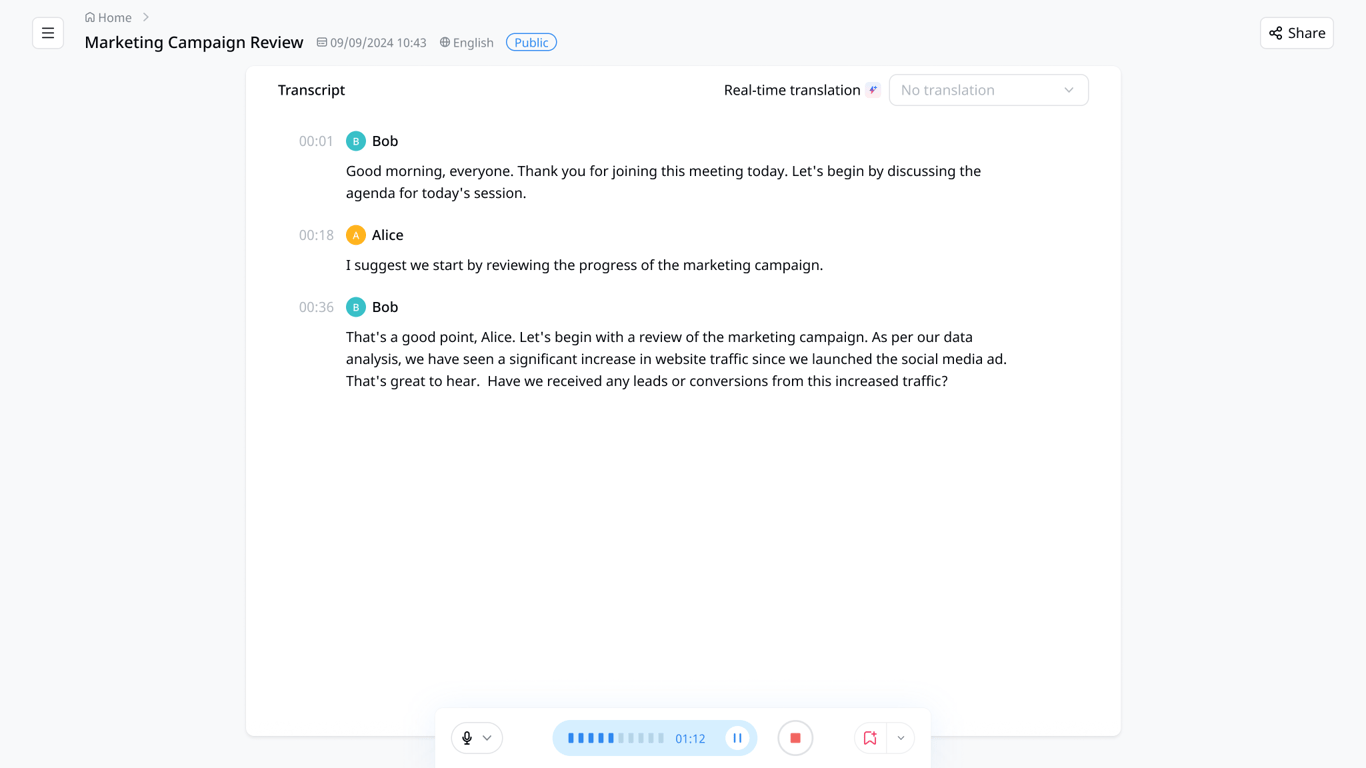 Notta transcript screenshot showing a marketing campaign discussion between two speakers