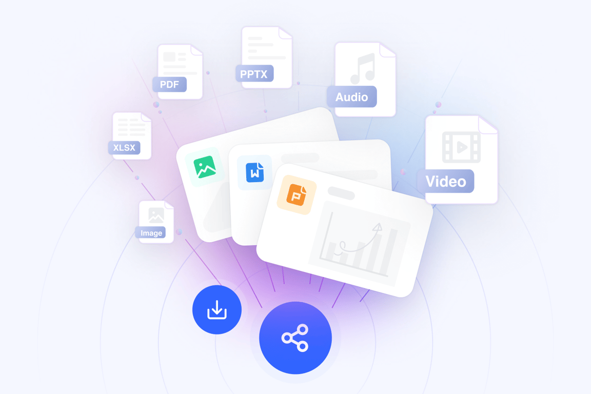 Notta Brain combining PDFs, slides, spreadsheets, audio, video and images into shareable AI deliverables