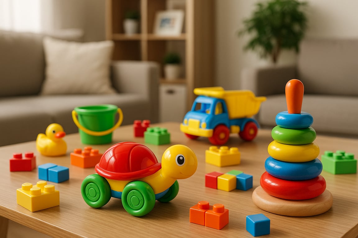 A vibrant collection of plastic toys, including building blocks, action figures, and educational toys, neatly arranged on a clean surface, showcasing quality and variety from a China toy factory.